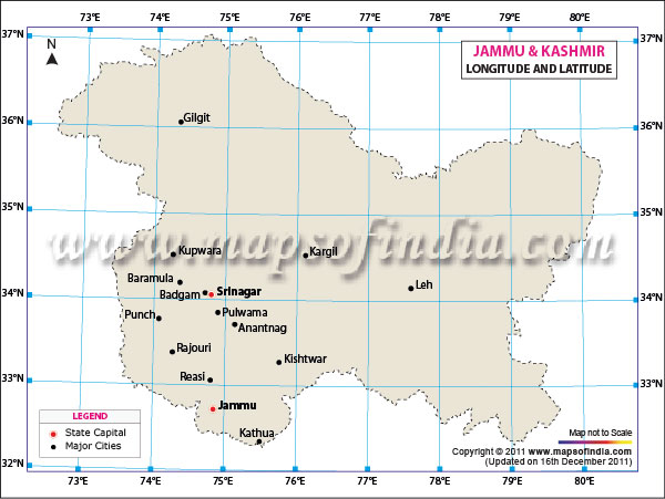 Latitude and Longitude Map of Jammu and Kashmir