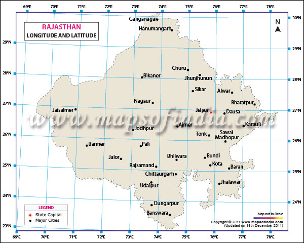 Latitude and Longitude Map of Rajasthan