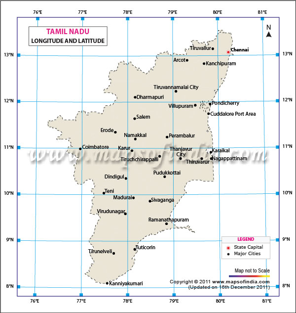 Latitude and Longitude Map of Tamil Nadu