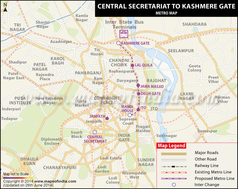 Route Map of Central Secretariat to Kashmere Gate Metro