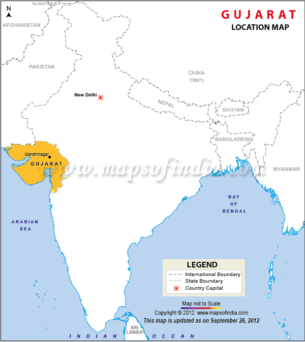 Map of India Depicting Location of Gujarat