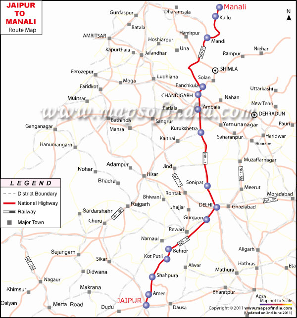 Route Map from Jaipur to Manali