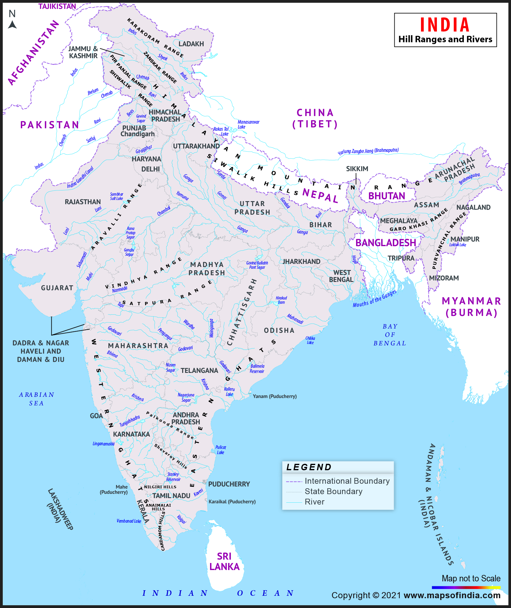 India Hill ranges and rivers Map