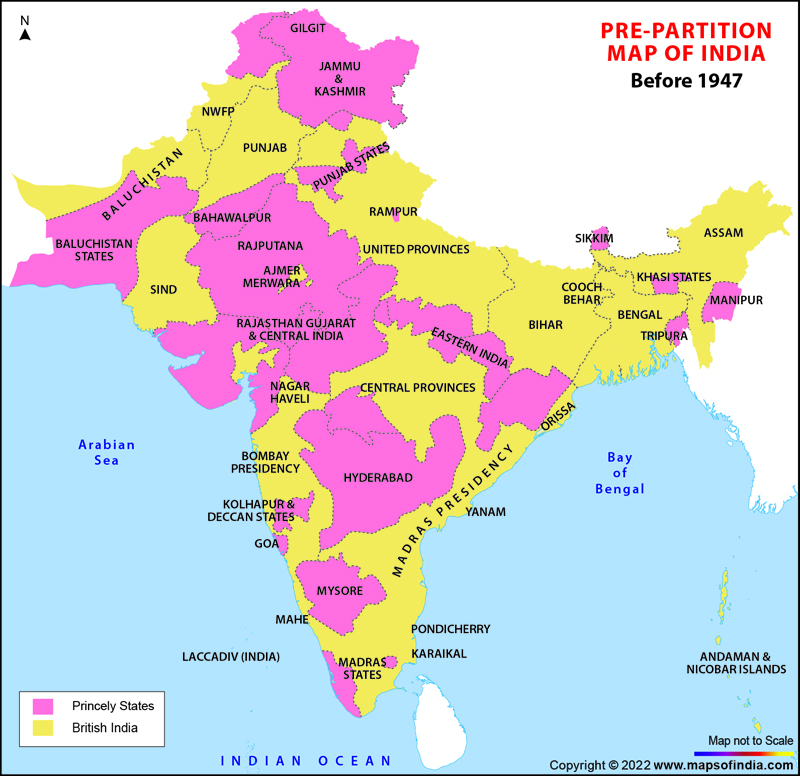 map of indian subcontinent with states Pre Partition Map Of India map of indian subcontinent with states