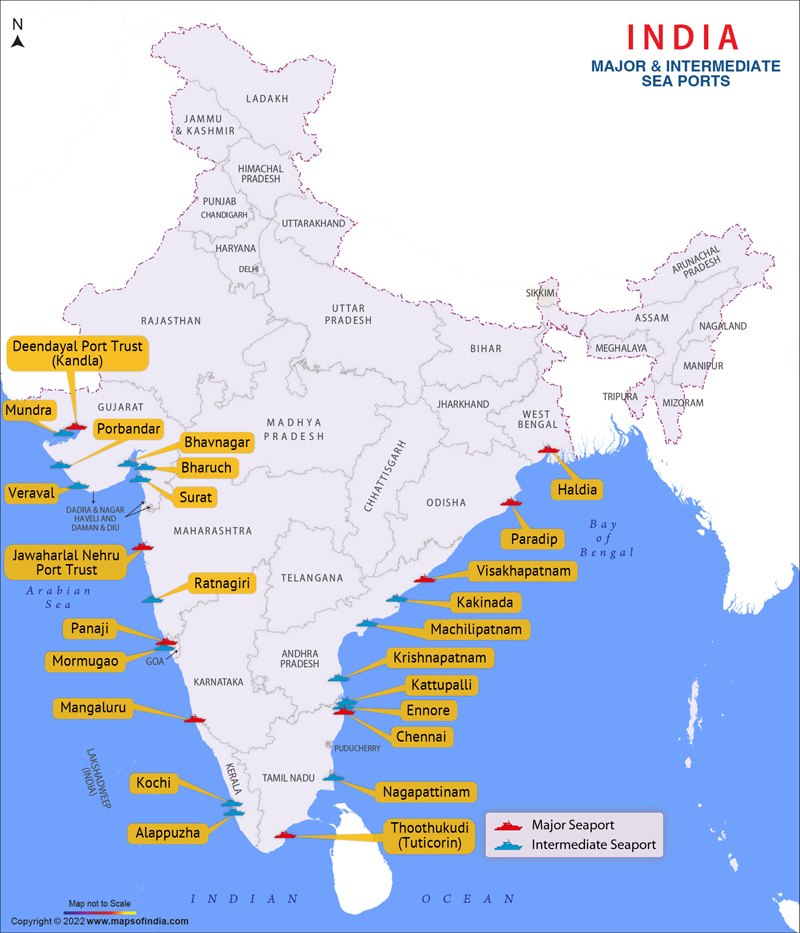 Major Sea Ports Map, Seaports in India