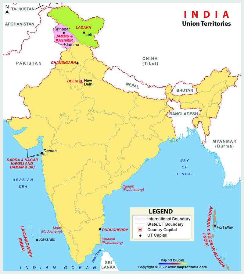 Map Showing Union Territories of India