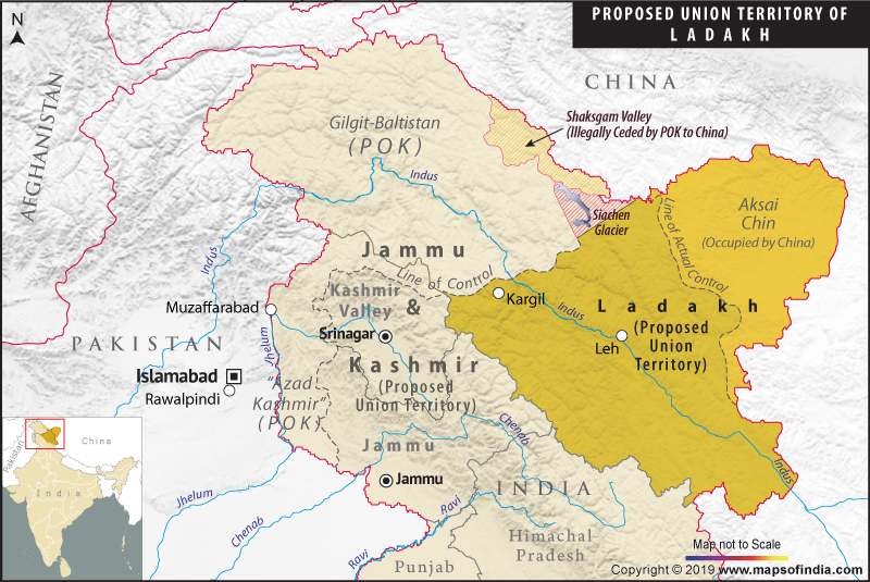 Map Of New Union Territory Of Ladakh Proposed