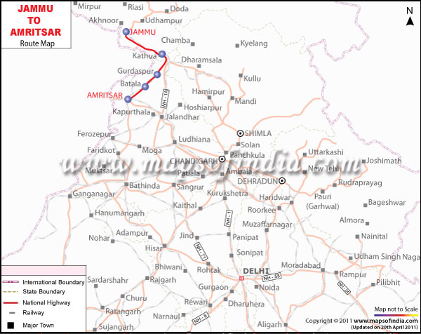 Route Map of Jammu to Amritsar