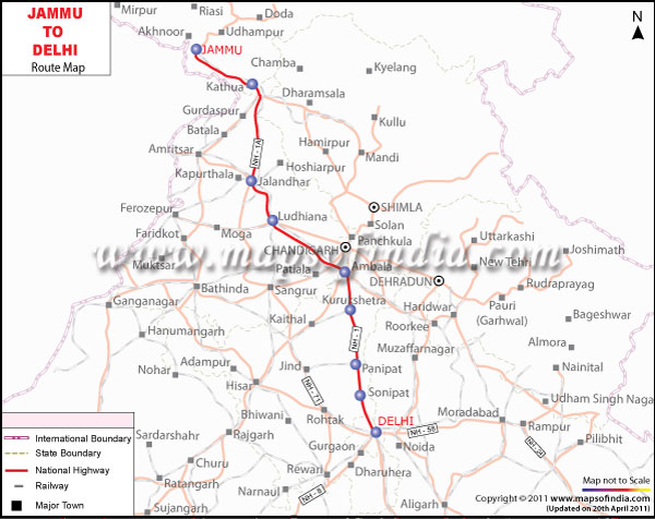 Route Map of Jammu to Delhi
