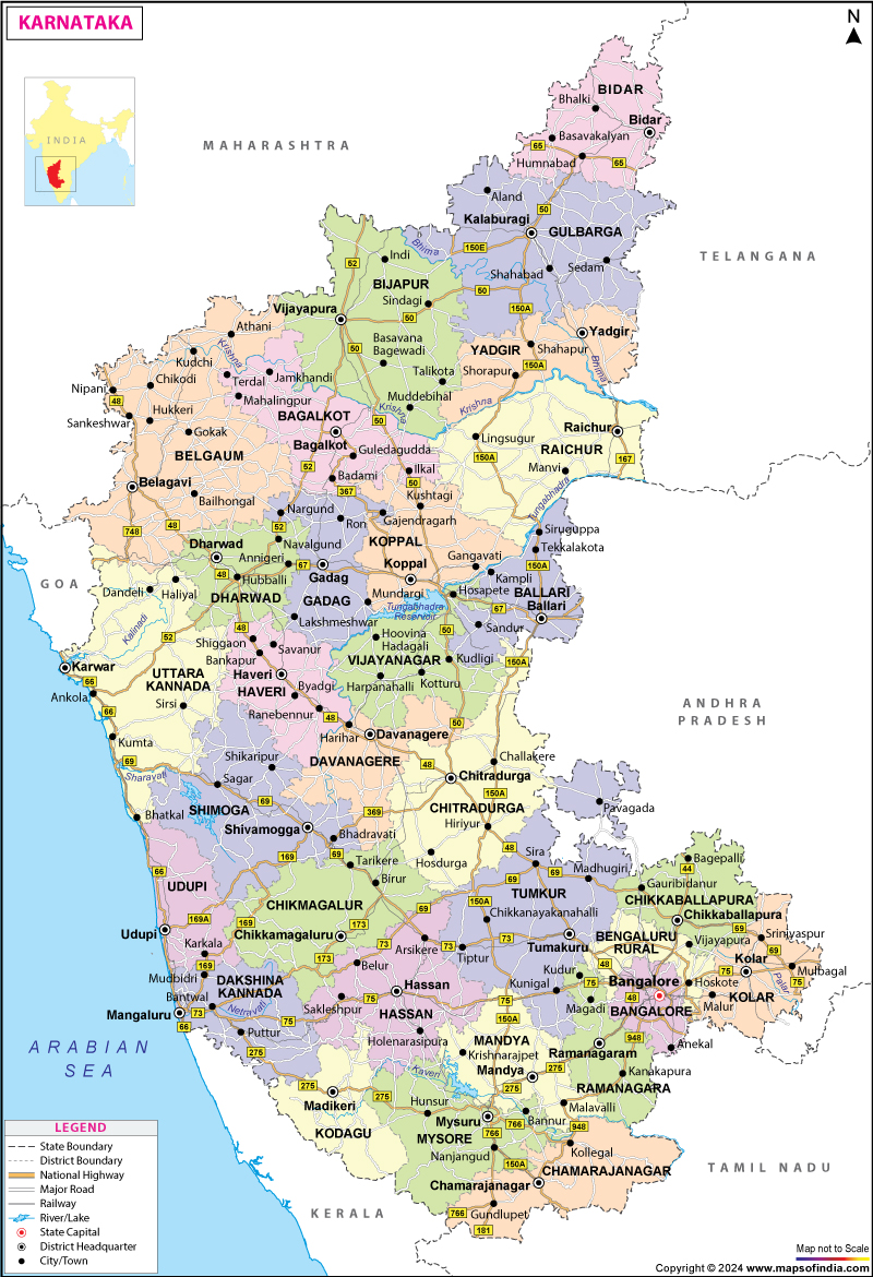 Karnataka Map | Map of Karnataka - State, Districts Information and Facts