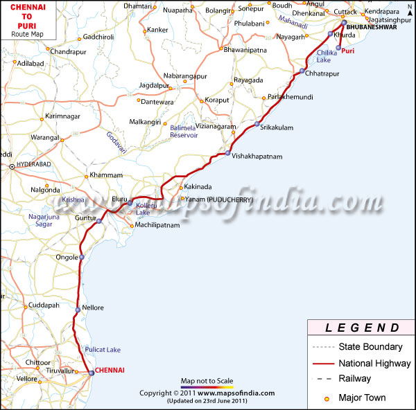 Route Map from Chennai to Puri