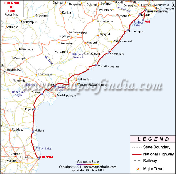 Route Map from Chennai to Puri