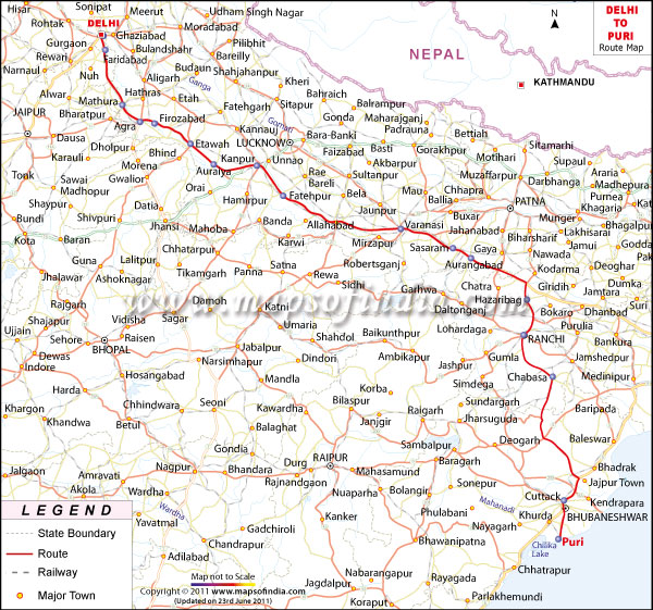 Route Map from Delhi to Puri