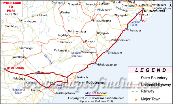 Route Map from Hyderabad to Puri