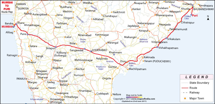 Route Map from Mumbai to Puri