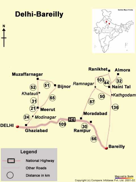 Road Map From Delhi to Bareilly