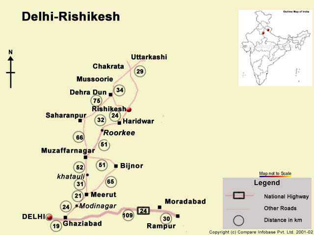 Delhi To Rishikesh Map Road Map From New Delhi To Rishikesh With Major Cities And Towns Coming  Between These Location And Also Distances Between These Places.