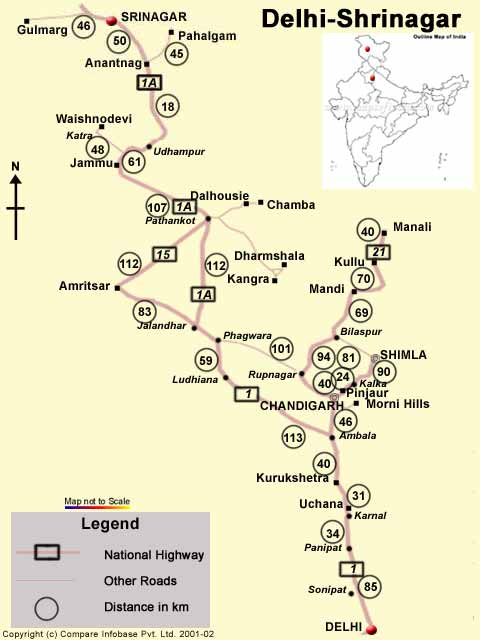 Road Map From Delhi to Srinagar