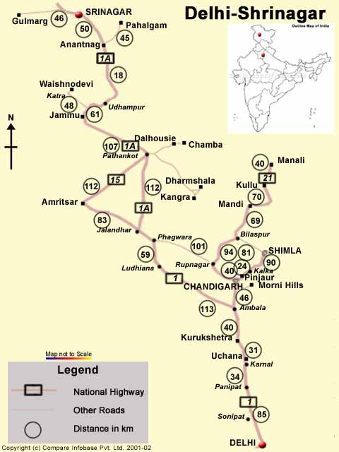 kashmir tourist map distance