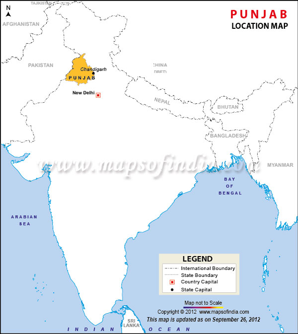 Map of India Depicting Location of Punjab