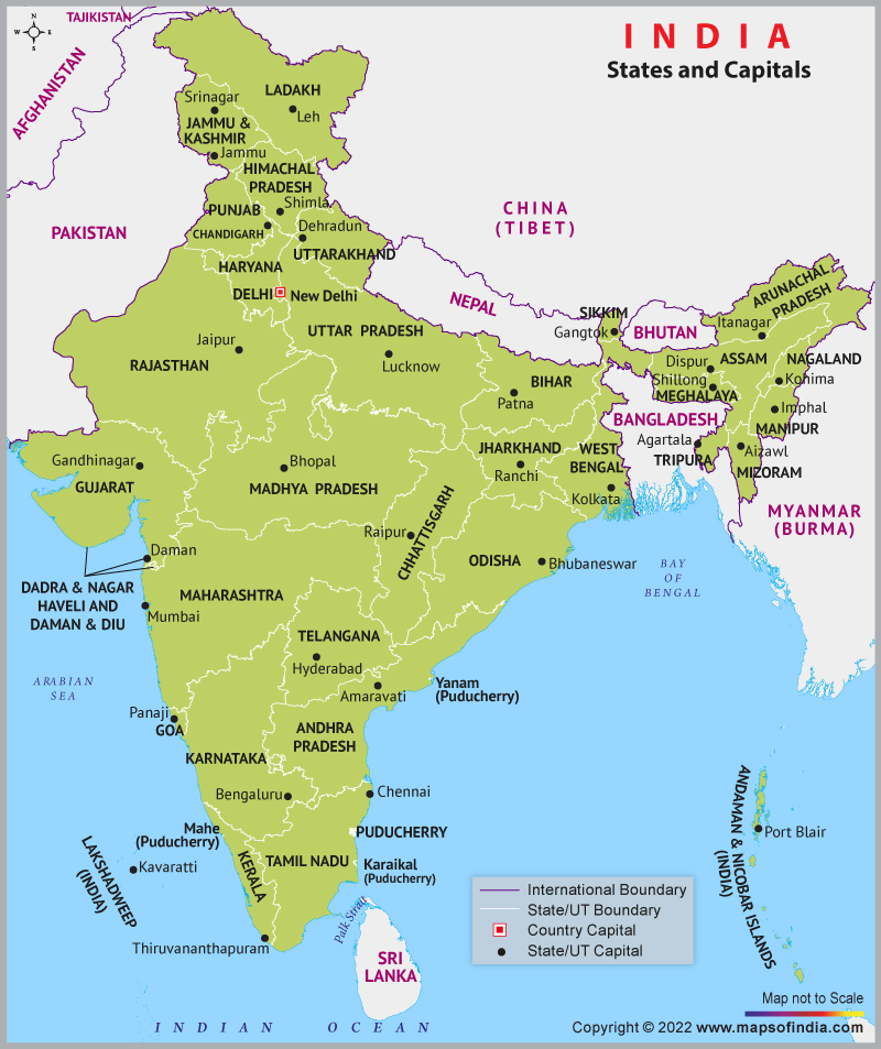 States and Capitals Map of India