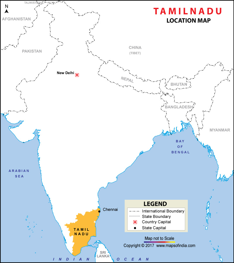 Map of India Depicting Location of Tamil Nadu