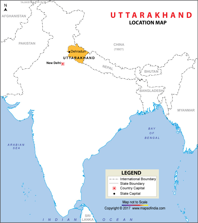 Map of India Depicting Location of Uttarakhand