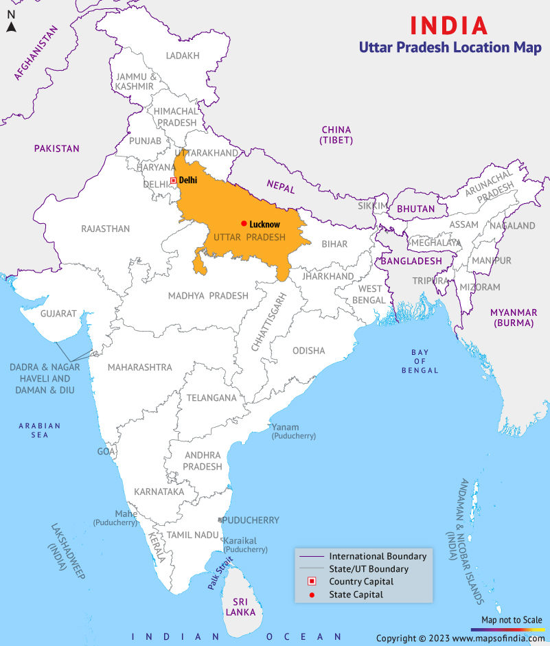 Map of India Depicting Location of Uttar Pradesh