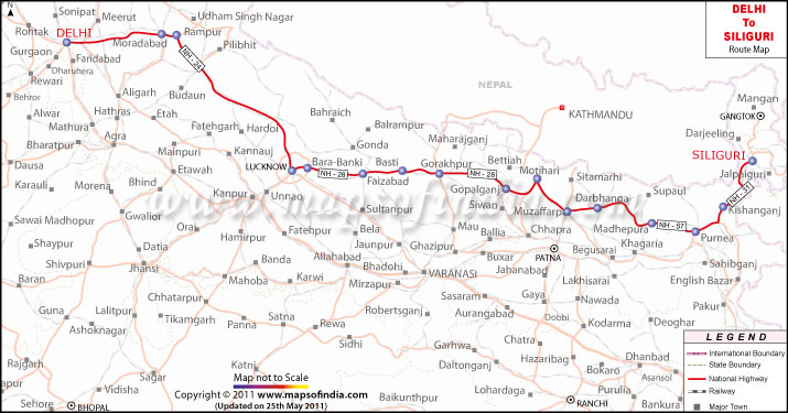 Route Map from Delhi to Siliguri