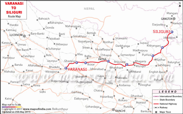 Route Map from Varanasi to Siliguri