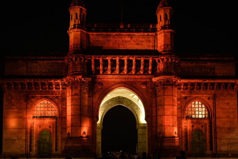 Lighted front view of Gateway of India
