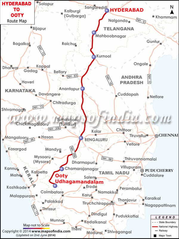 Route Map From Hyderabad to Ooty
