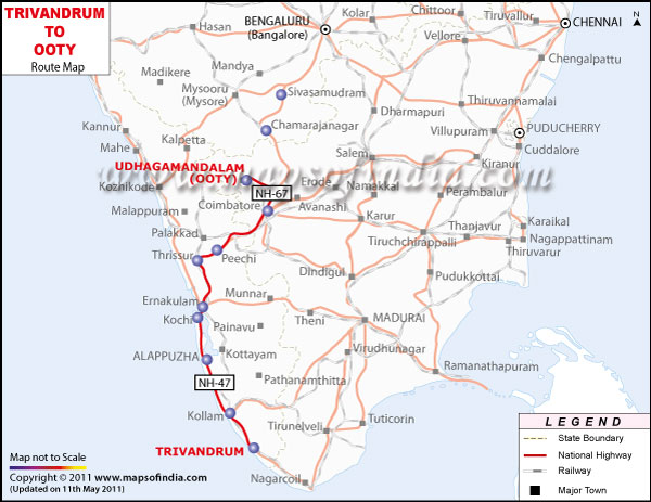 Route Map Trivandrum to Ooty
