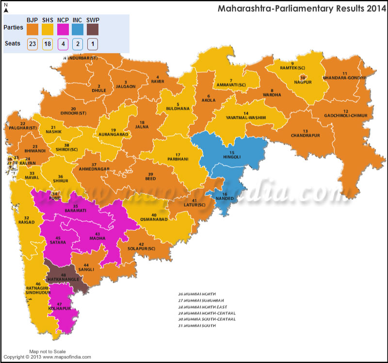Maharashtra General (Lok Sabha) Election Results 2014, 2009 and 2004