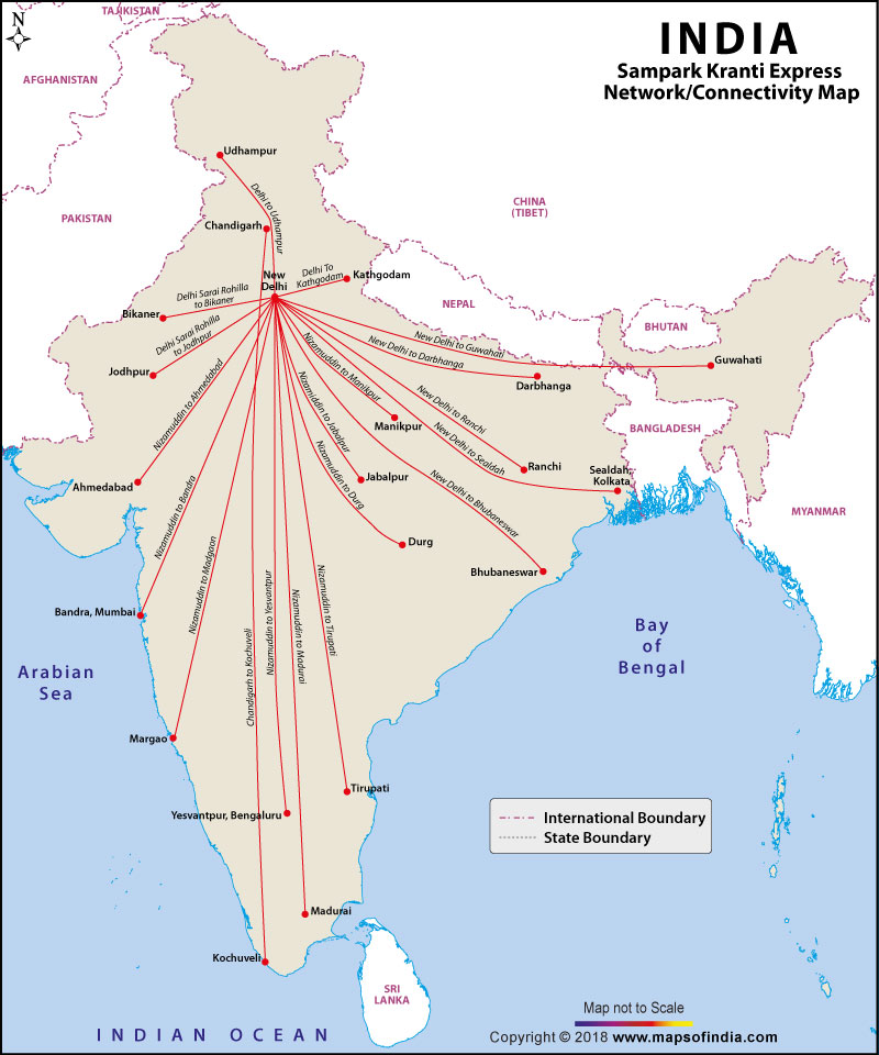 Map of Sampark Kranti Express Network in India