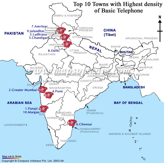 Top Ten Towns with Highest Density of Basic Telephone