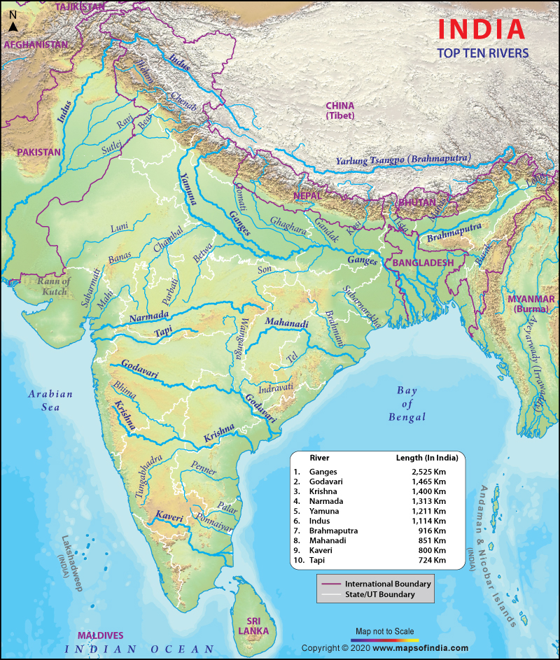 physical map of india with major rivers Top Ten Rivers In India By Lenghth In Kms Maps Of India physical map of india with major rivers