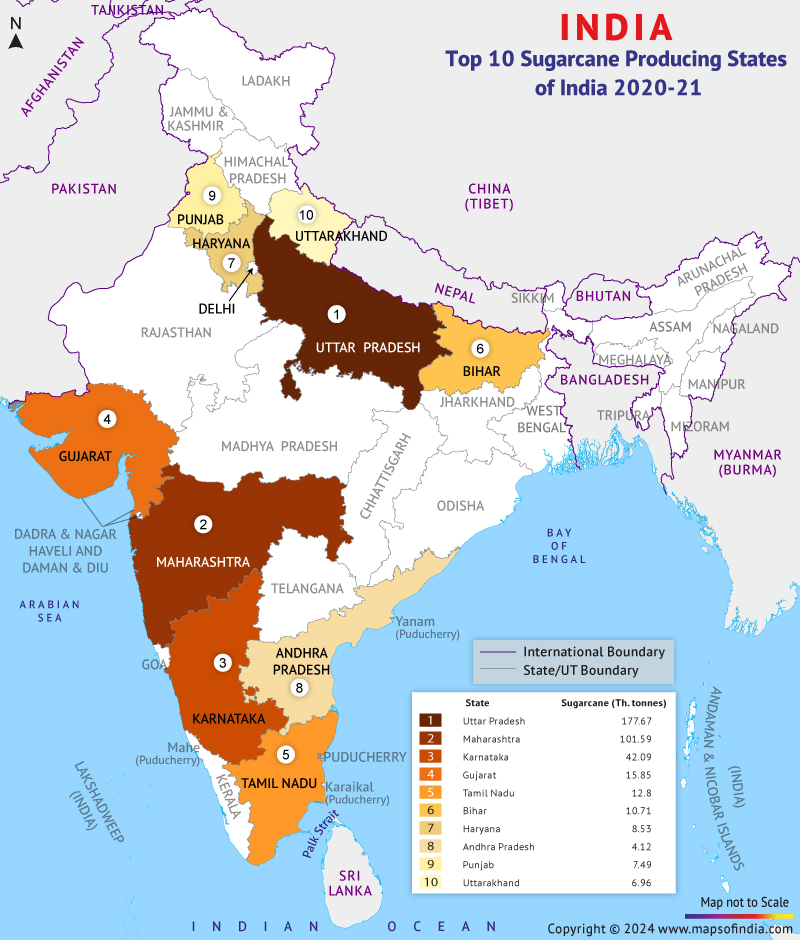 Map Showing Top 10 Sugarcane Producing States in India