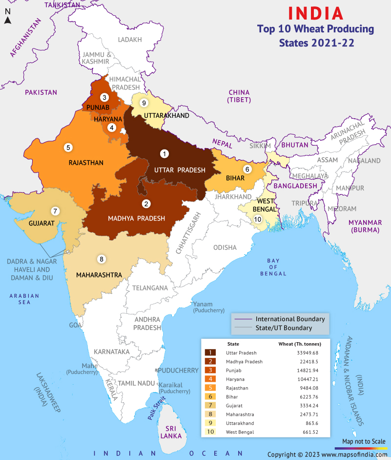 Map Showing Top 10 Wheat Producing States in India