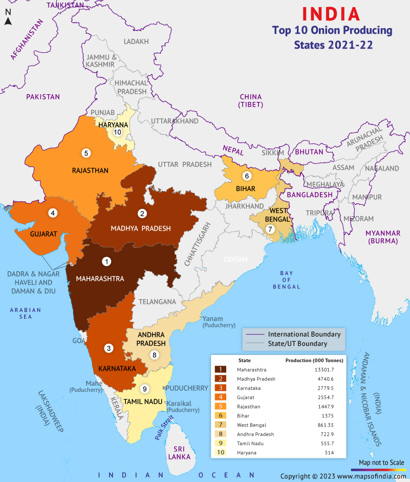 Map Showing Top 10 Onion Producing States in India