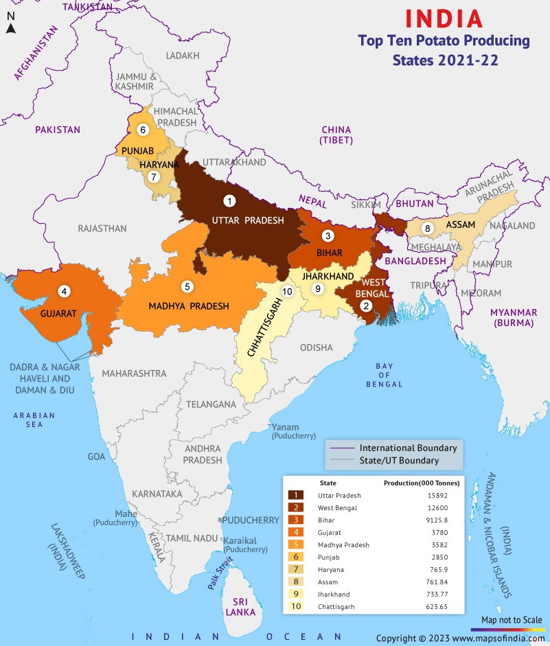 Map Showing Top 10 Potato Producing States in India