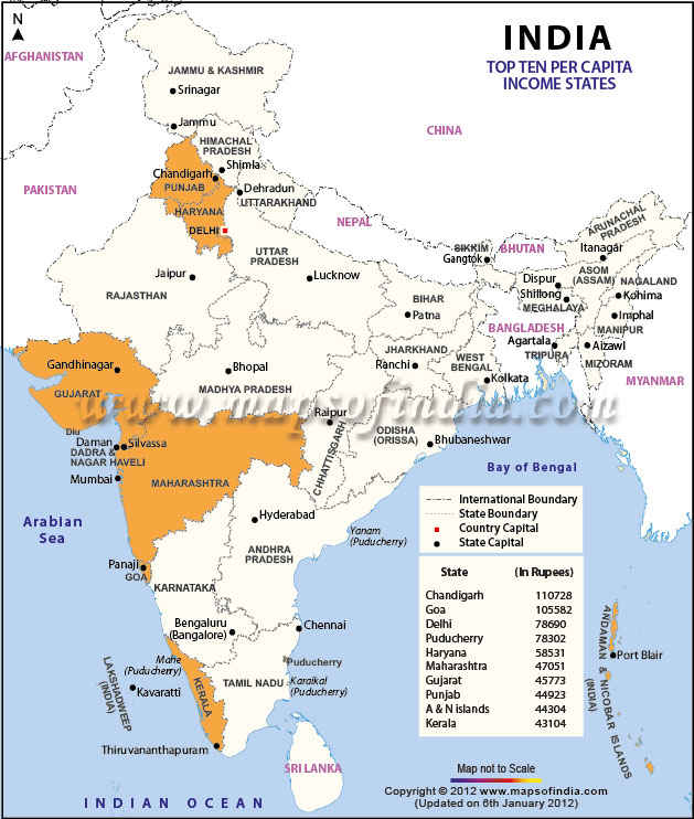 Map of Top 10 Indian States with Per Capita Income