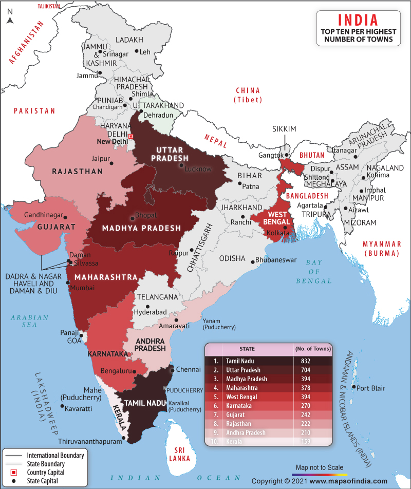 Map of Top 10 States with Highest Number of Towns