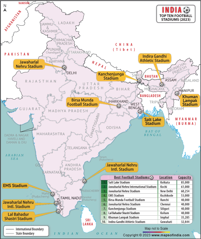 Map showing the Top 10 Football Stadium in India