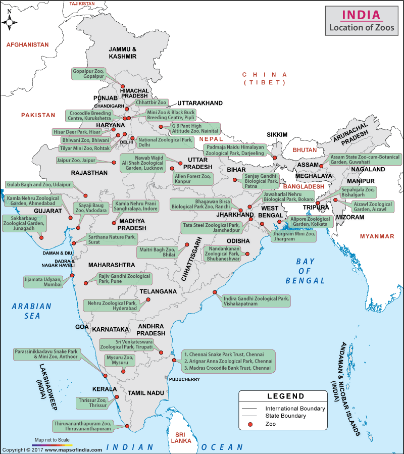 Zoos in India location Map