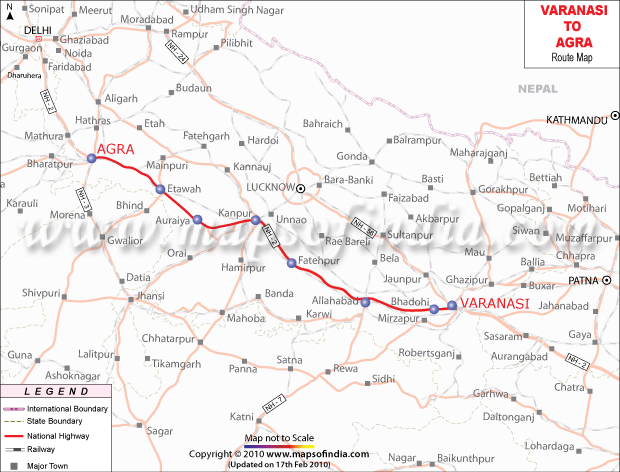 Varanasi to Agra Route Map