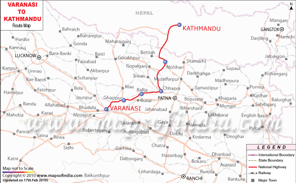 Varanasi to Kathmandu Route Map