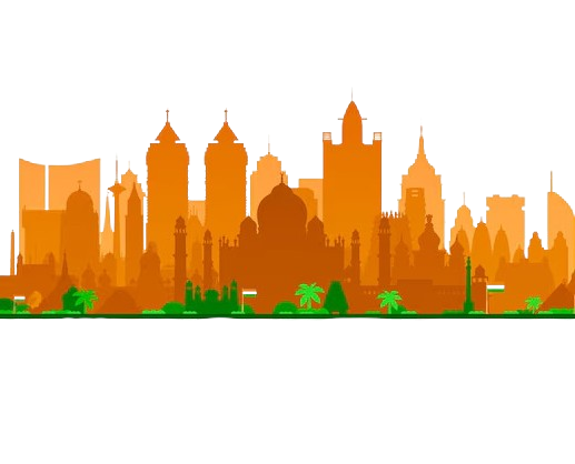 A vibrant city skyline featuring orange buildings and lush trees, set against a detailed city map backdrop