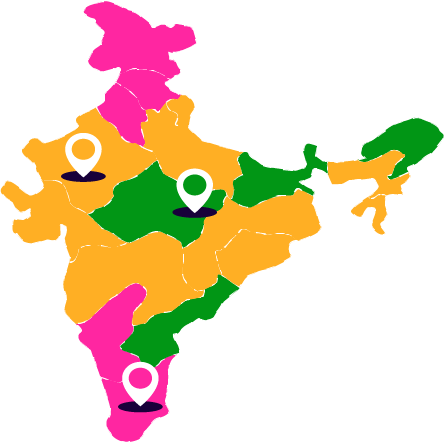 A detailed map of India highlighting various districts with pins and markers for easy identification and navigation.