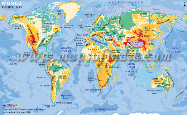 Physical map of the world illustrating terrain features like mountains, rivers, and plains.